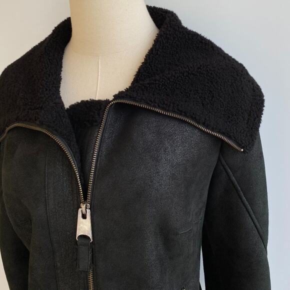 Harlin Genuine Shearling Sheepskin Motorcycle Leather Coat Wrist Buckles size 4 - Picture 6 of 12